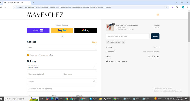 A screenshot of Mave & Chez checkout page of working coupon code 