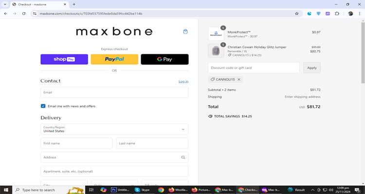 A screenshot of Max bone checkout page of working coupon code 