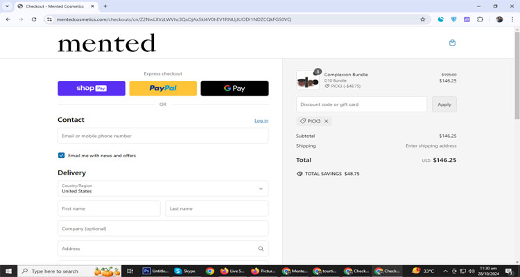 A screenshot of Mented Cosmetics checkout page of working coupon code 