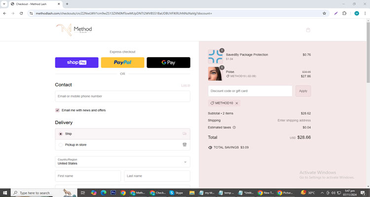 A screenshot of Method Lash checkout page of working coupon code