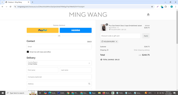 A screenshot of Ming Wang Knits checkout page of working coupon code 