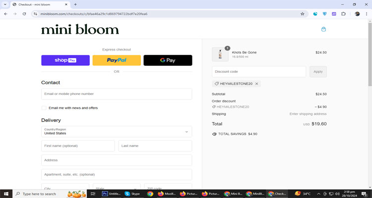 A screenshot of Mini Bloom checkout page of working coupon code 