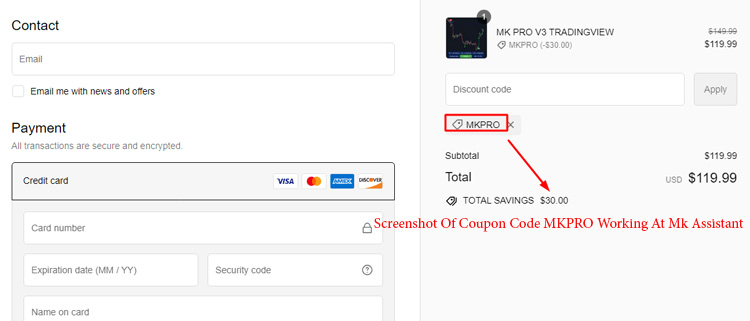 A screenshot of mk assistant checkout page showing a working coupon code