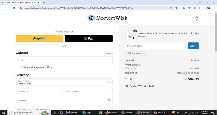 A screenshot of Momentwish checkout page of working coupon code 