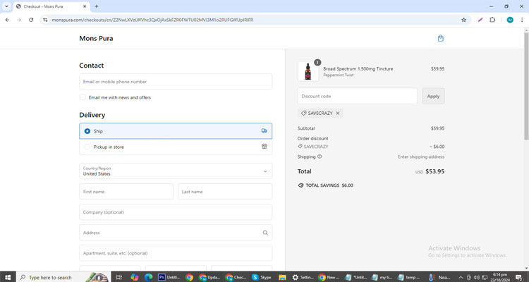 A screenshot of Mons Pura checkout page of working coupon code 