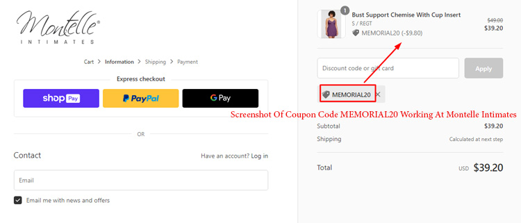A screenshot of montelle intimates's checkout page showing a working coupon code