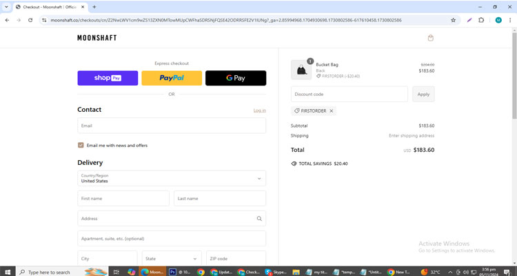 A screenshot of Moonshaft checkout page of working coupon code 