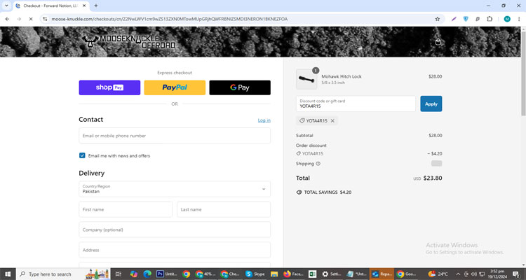 A screenshot of Moose Knuckle checkout page of working coupon code