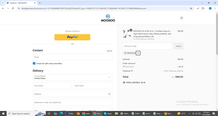 A screenshot of Moosoo Company checkout page of working coupon code 