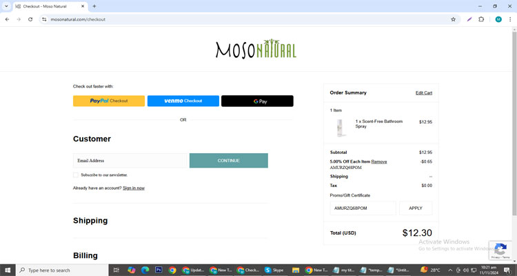 A screenshot of Moso Natural checkout page of working coupon code 