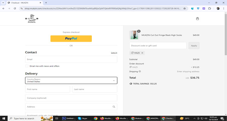 A screenshot of  Mukzin checkout page of working coupon code