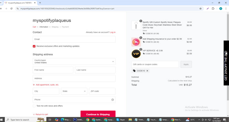 A screenshot of My Spotify Plaque checkout page of working coupon code 