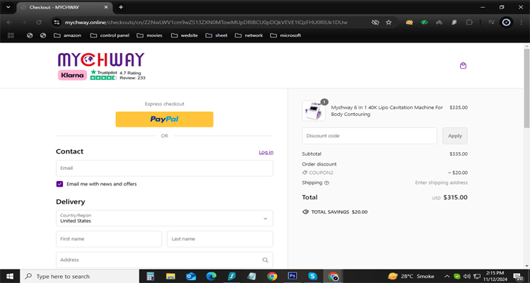 A screenshot of the mychway online checkout page with a working discount code