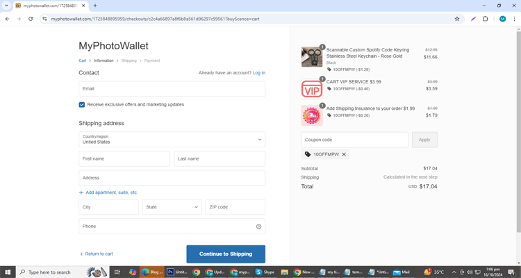 A screenshot of Myphotowallet checkout page of working coupon code 
