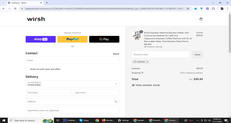 A screenshot of Wirsh checkout page of working coupon code 