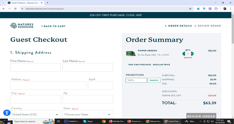 A screenshot of Natures Sunshine checkout page of working coupon code