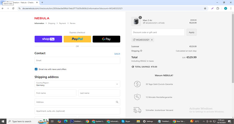 A screenshot of Nebula De checkout page of working coupon code