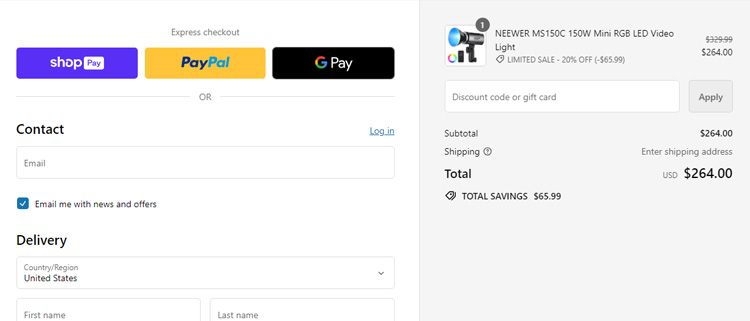A screenshot of neewer checkout page showing a working coupon code 