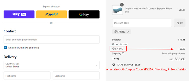 A screenshot of neocushion checkout page showing a working coupon code