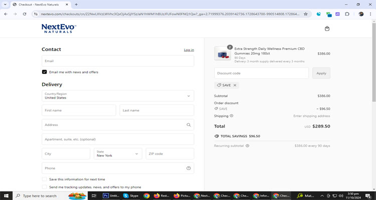 A screenshot of Nextevo Naturals checkout page of working coupon code