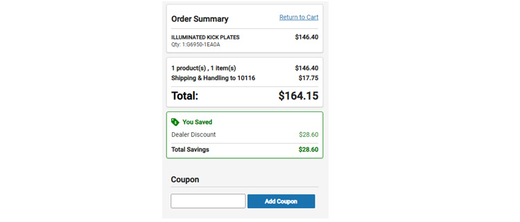 A screenshot of nissan checkout page showing a working coupon code 