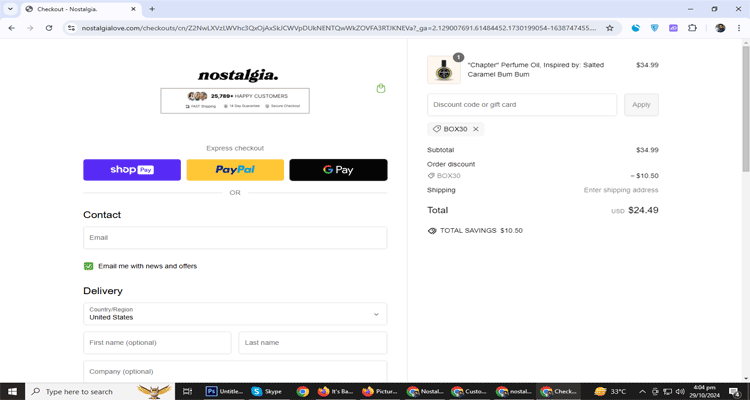 A screenshot of Nostalgia checkout page of working coupon code 