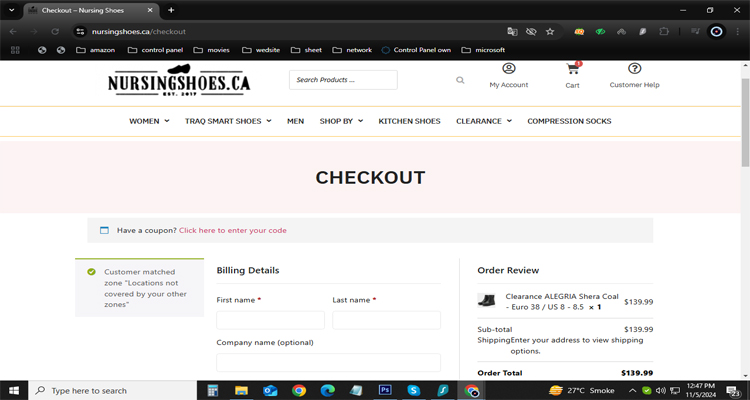 A screenshot of the nursingshoes checkout page with a working discount code