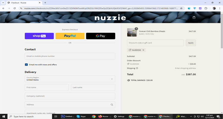 A screenshot of Nuzzie checkout page of working coupon code