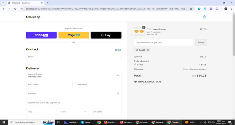 A screenshot of Ocusleep checkout page of working coupon code