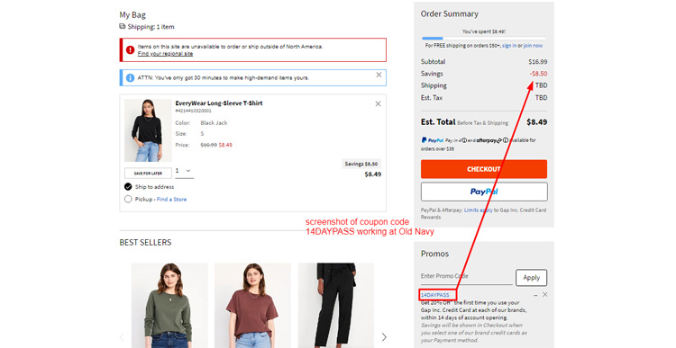 A screenshot of Old Navy checkout page with a working coupon code