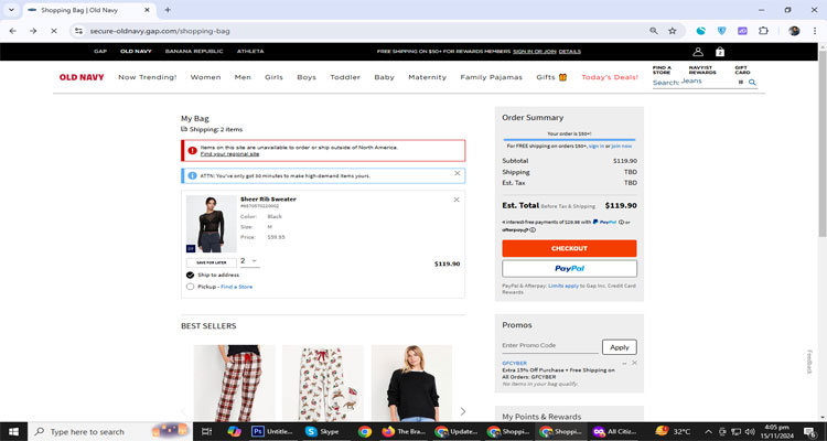 A screenshot of old navy checkout page of working coupon code 