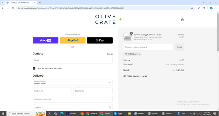   A screenshot of Olive And Crate checkout page of working coupon code 