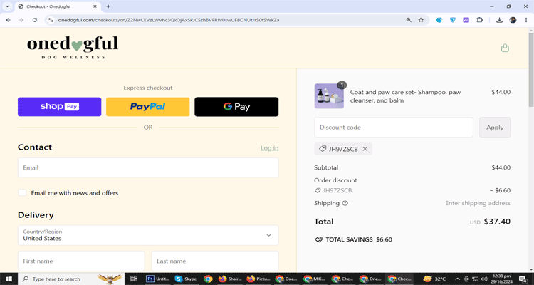 A screenshot of Onedogful  checkout page of working coupon code 