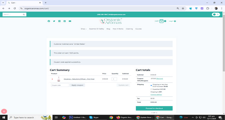 A screenshot of Organic Aromas checkout page of working coupon code 