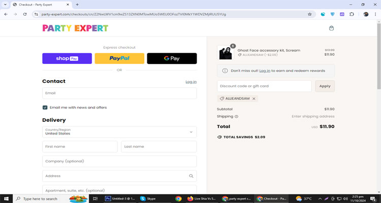 A screenshot of Party Expert checkout page of working coupon code