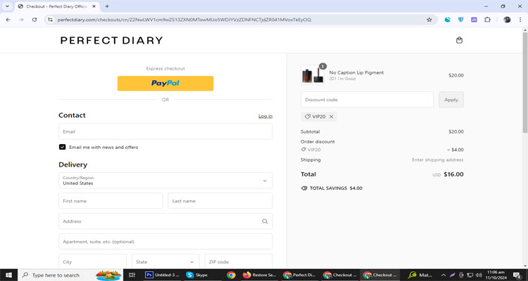 A screenshot of Perfect Diary checkout page of working coupon code