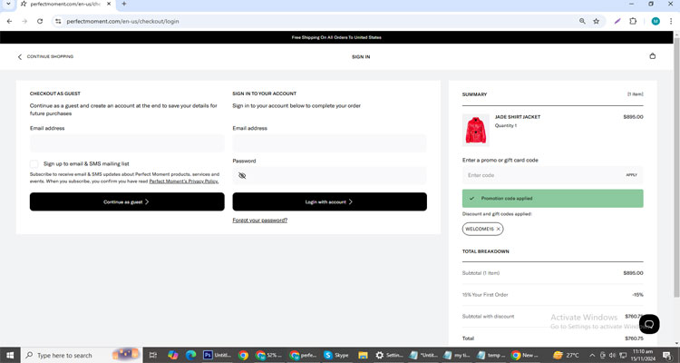 A screenshot of Perfect Moment checkout page of working coupon code