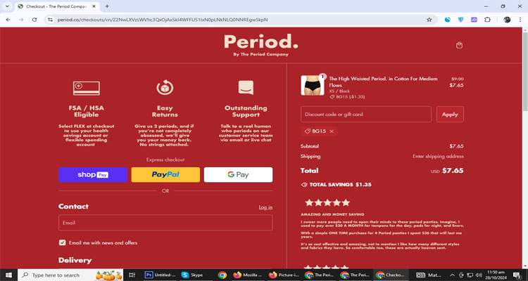 A screenshot of The Period Company checkout page of working coupon code 