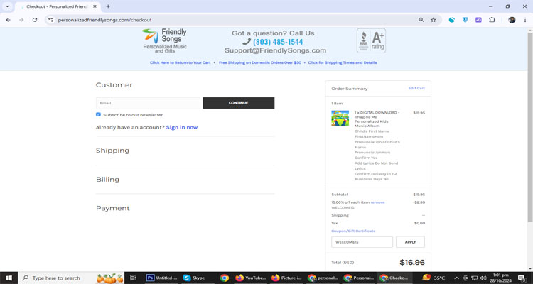 A screenshot of Personalized friendly songs checkout page of working coupon code 