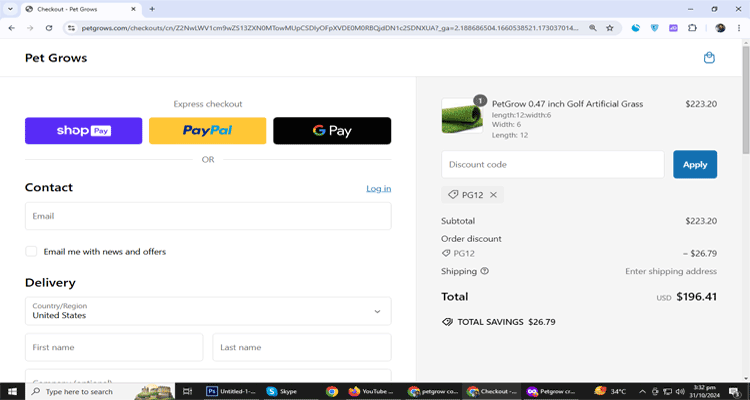 A screenshot of PetGrow checkout page of working coupon code 