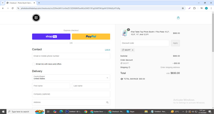 A screenshot of Photo Booth Startup checkout page of working coupon code 