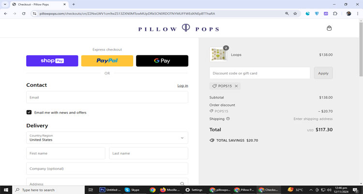 A screenshot of Pillow pops checkout page of working coupon code 