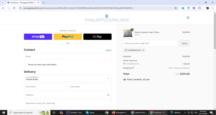 A screenshot of Pineapples Palms Too checkout page of working coupon code 