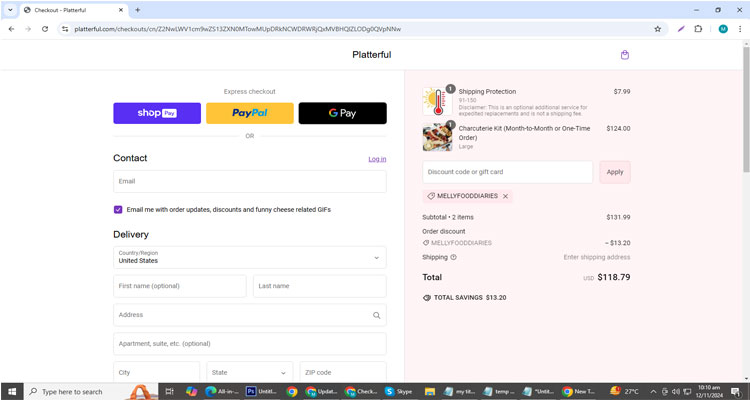 A screenshot of Platterful checkout page of working coupon code