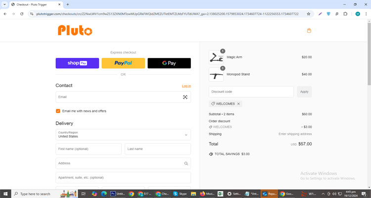 A screenshot of Pluto Trigger checkout page of working coupon code 