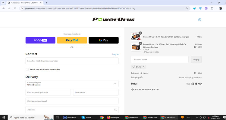 A screenshot of Powerurus checkout page of working coupon code 