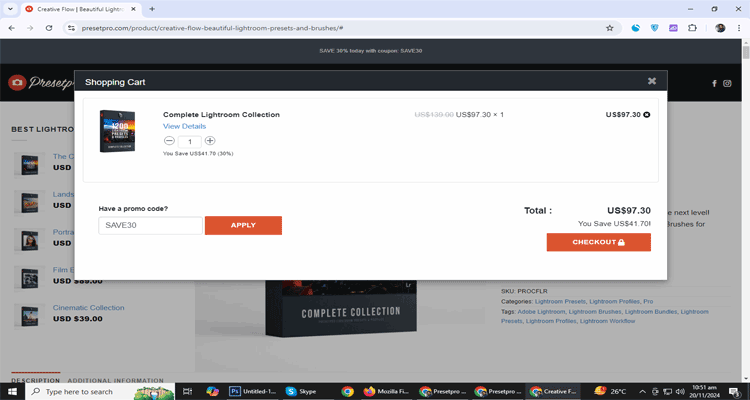A screenshot of Presetpro Lightroom Presets checkout page of working coupon code 