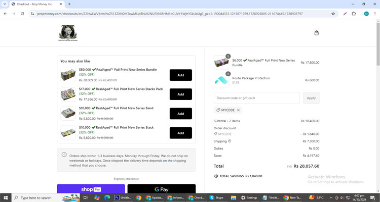 A screenshot of Prop Money checkout page of working coupon code
