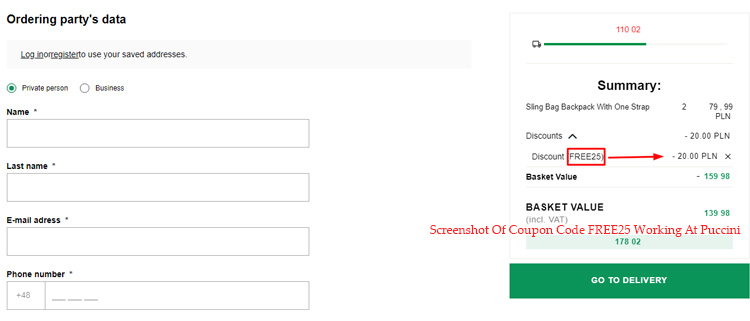 A screenshot of puccini's checkout page showing a working coupon code