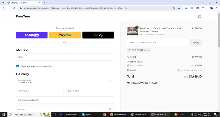 A screenshot of Puretree checkout page of working coupon code 